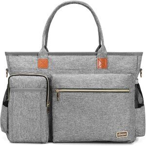 Women's Grey PU Leather Middle Size Computer Messenger Teacher Laptop Tote Bag